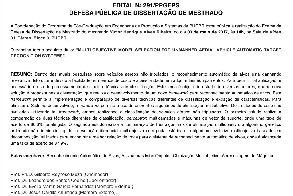 gilreyme's tweet image. Defesa de mestrado em nosso grupo de pesquisa do @vhrique #MultiObjective #MachineLearning #UAVs
Banca: @CarrilloAhumada @UNPA_SUNEO