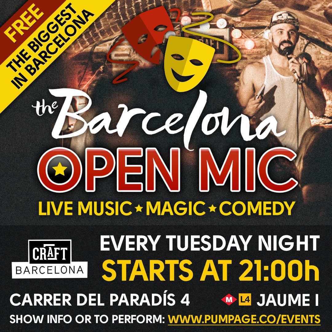 PobcastNetwork's tweet photo. Tonight Vincent Valentine hosts the biggest open mic in Barcelona. The Barcelona Open Mic starts at 8:30pm at Craft Barcelona. Expect great https://t.co/IU8Zm3wwS4