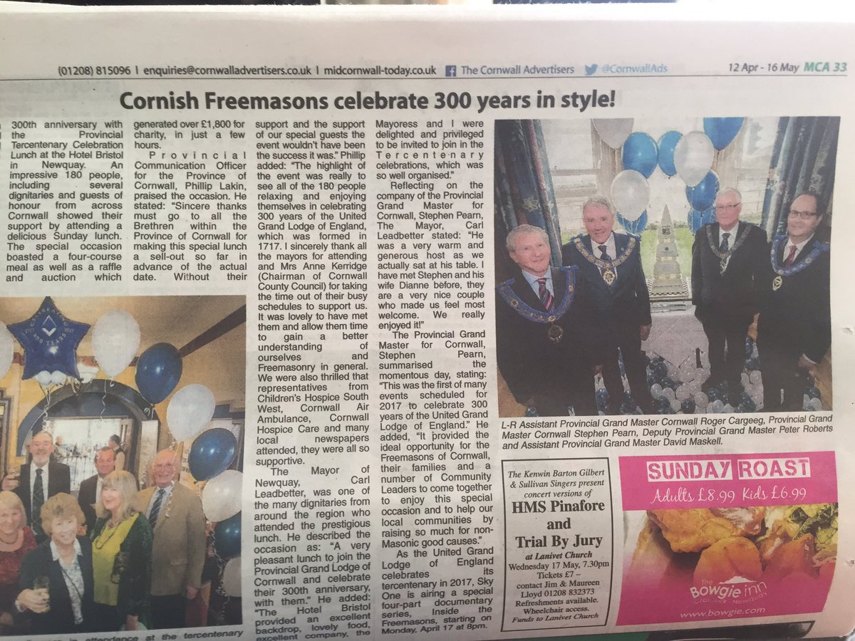 Pendennis7520's tweet photo. Great write up in our local paper about Freemasonry in #Cornwall #Masonic #300yrs @CornwallMason @pglakin https://t.co/AQfhtx2FjM