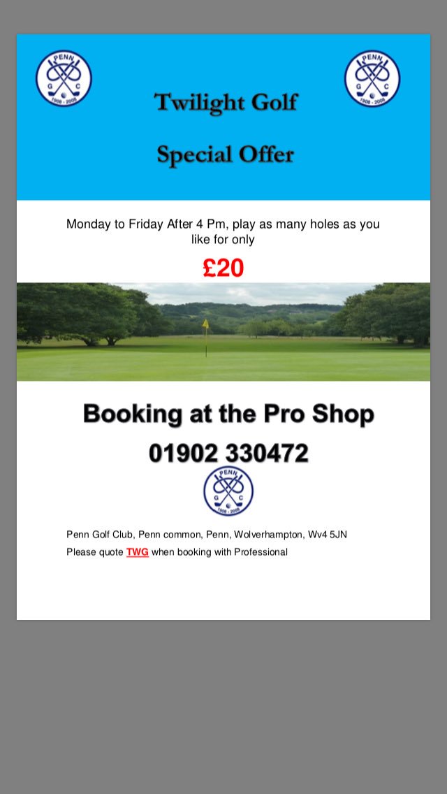 Twilight golf at penn golf club 
Monday to Friday after 4pm great offer of only £20 to play 
Contact the pro shop to book and quote TWG