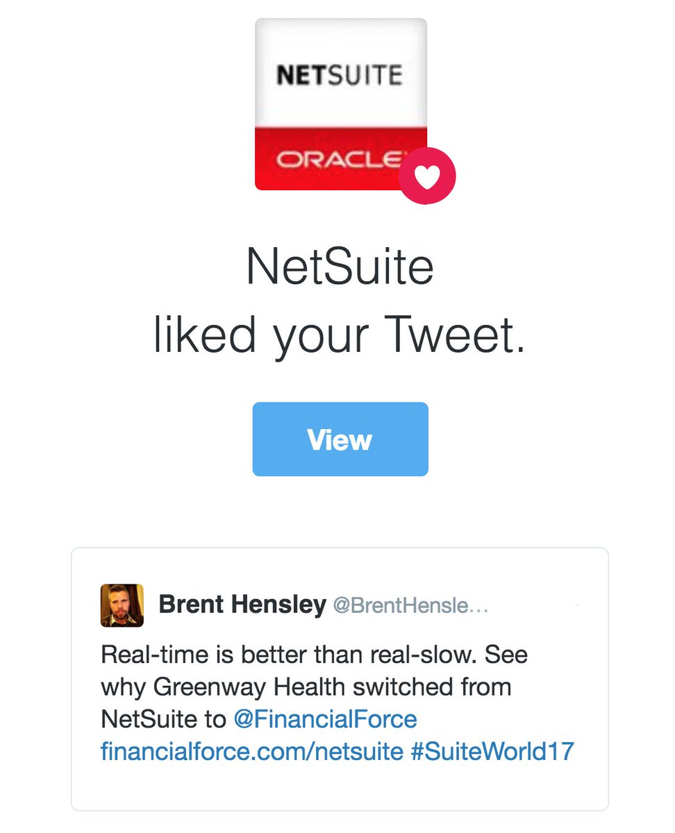 BrentHensleyFF's tweet photo. NetSuite likes my tweet! @FinancialForce https://t.co/Vc2EwmdrqK #SuiteWorld17 https://t.co/FJLu668zBD