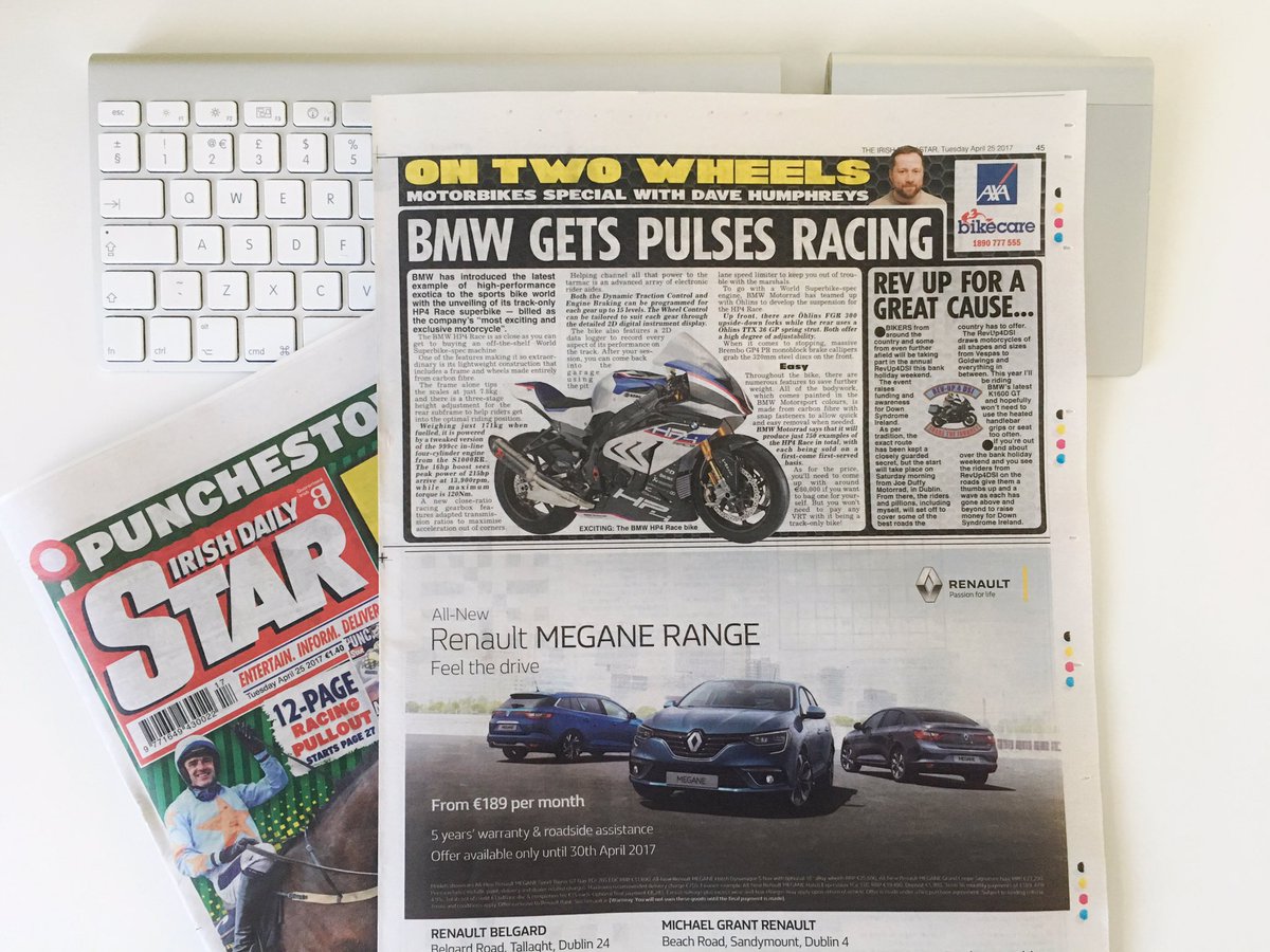 In my motorcycle column in today's <a href="/IsFearrAnStar/">Irish Daily Star</a>: BMW's stunning new HP4 Race and I preview this weekend's RevUp4DSI