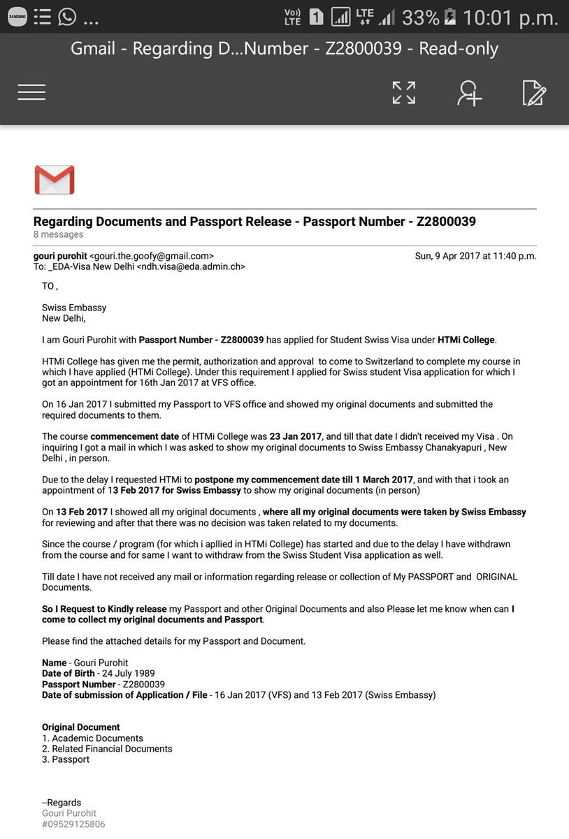 رساله dispatched to the visa application centre