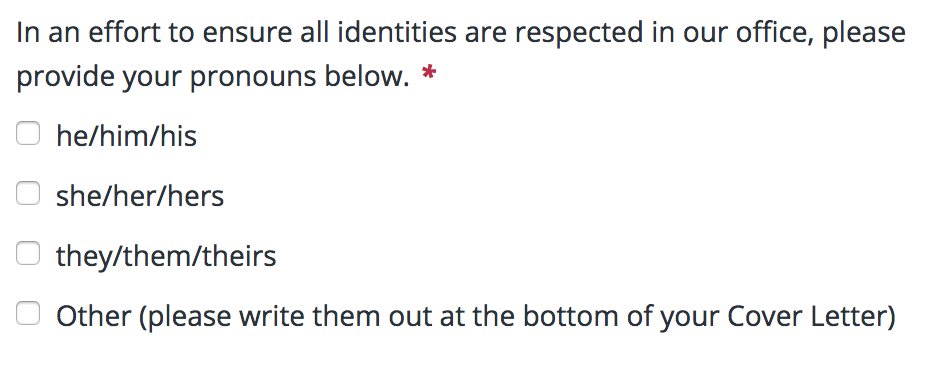 HLRJO's tweet image. Wow, just saw included as a part of @dosomething&apos;s job application process and I am swooning! #genderisnotbinary #askingpronounsisnothard ❤️