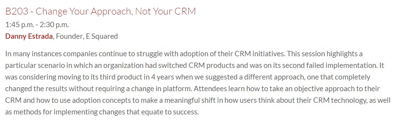 Introhive's tweet photo. Looking for some advice on #CRM? Join @ESquaredConsult's Danny Estrada in his session "Change Your Approach, Not Your CRM" at #CRMEvolution https://t.co/WHuUVeEsuU