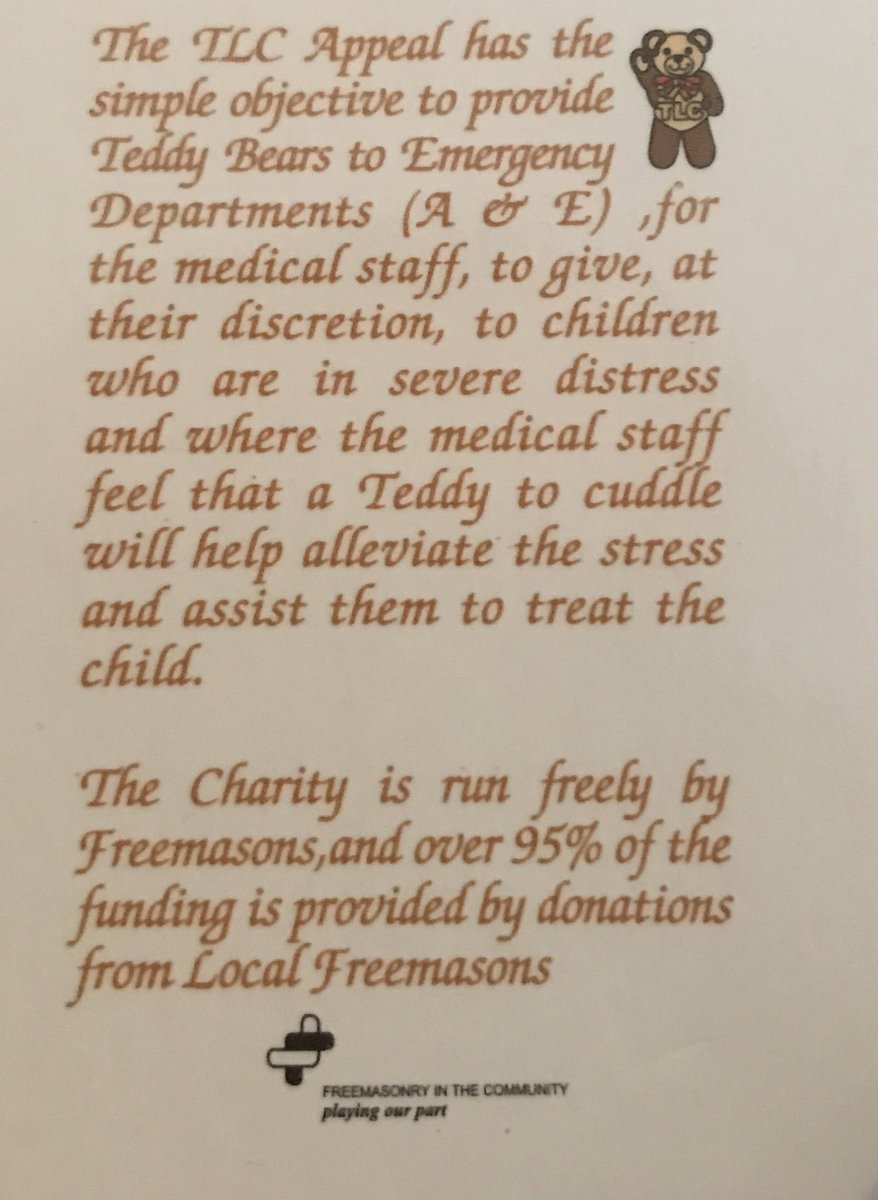cartref5772's tweet photo. Cartref Lodge proud to be supporting  the #TLC #appeal, providing support to children via a teddy bear to cuddle in A &amp; E, @UGLE_GrandLodge https://t.co/AyN7ICHSd7