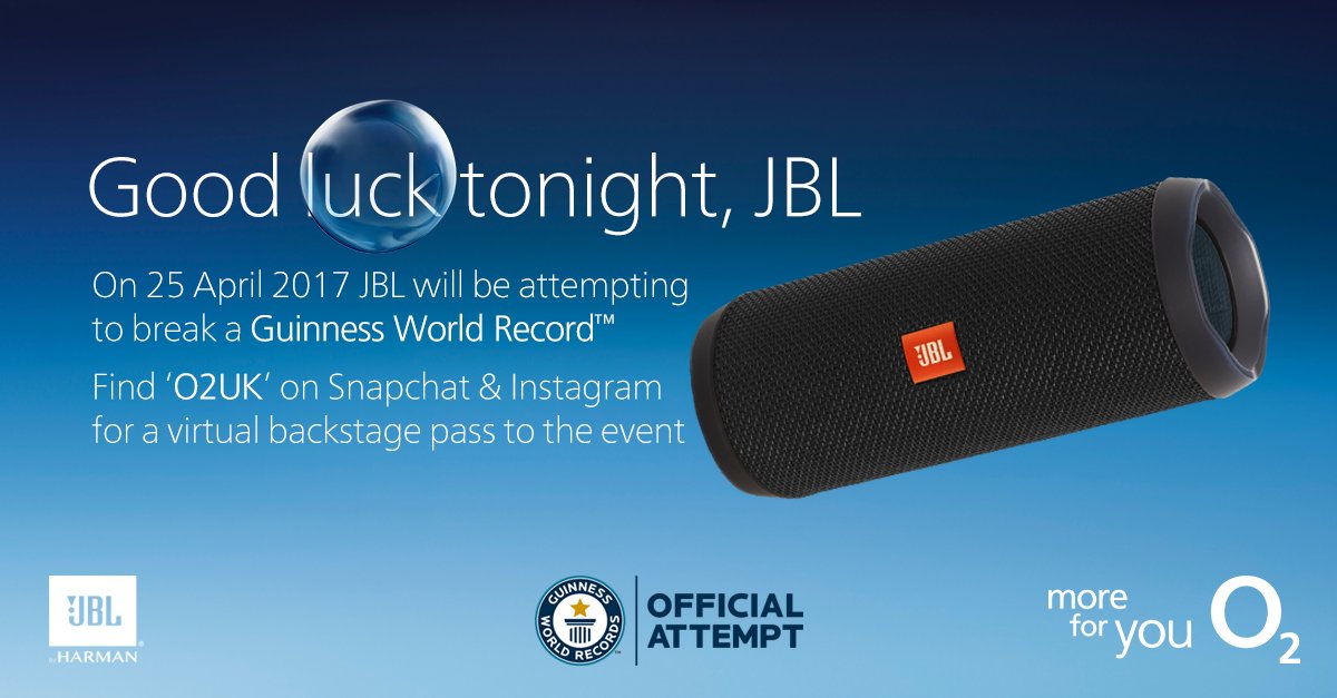 O2's tweet photo. We're with @JBLaudio who hope to break a Guinness World Record™ tonight 👊🏾🏆. Catch all the action on Snapchat &amp; Instagram 👀 #FollowTheRabbit https://t.co/KHH6MkEZlp