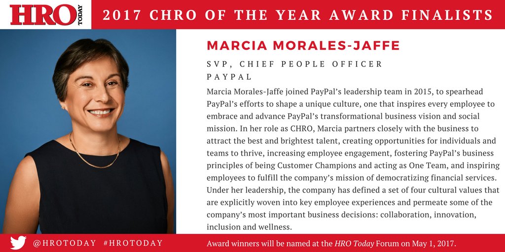 HROToday's tweet photo. Meet Marcia Morales-Jaffe (@mmjaff) of @PayPal, 2017 CHRO of the Year Award Finalist! https://t.co/Stf5UWcd6N #HROToday https://t.co/gUhiGRYQi2