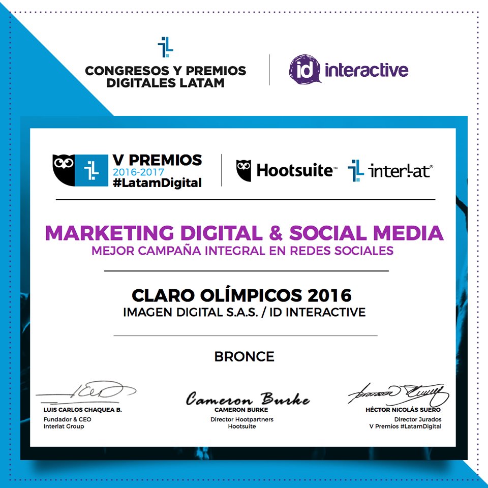 IDInteractiveLA's tweet photo. En #ID estamos de fiesta por la Plata y el Bronce que ganamos en @Interlat con las campañas de Mayo Papa y Claro Olímpicos. #VamosPorMás https://t.co/pLq9IP2ehy