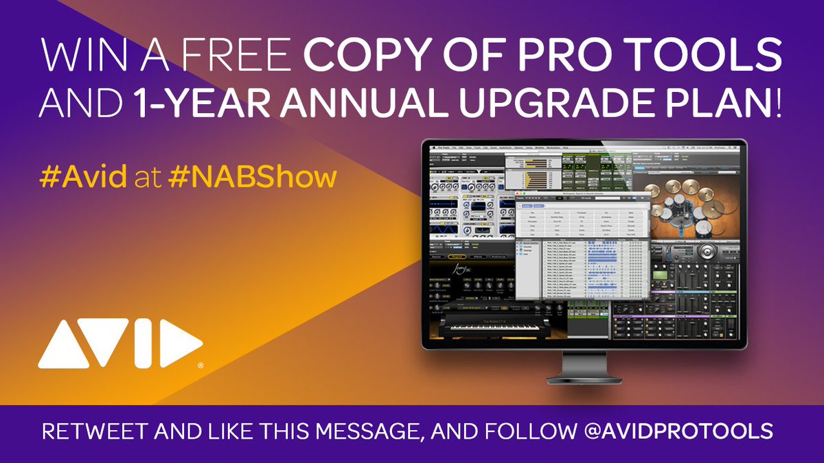 Avid's tweet image. GET A CHANCE TO WIN #PROTOOLS AND 1 YEAR OF UPDATES! Retweet and like this message, and follow @AvidProTools on Twitter. #Avid #NABShow