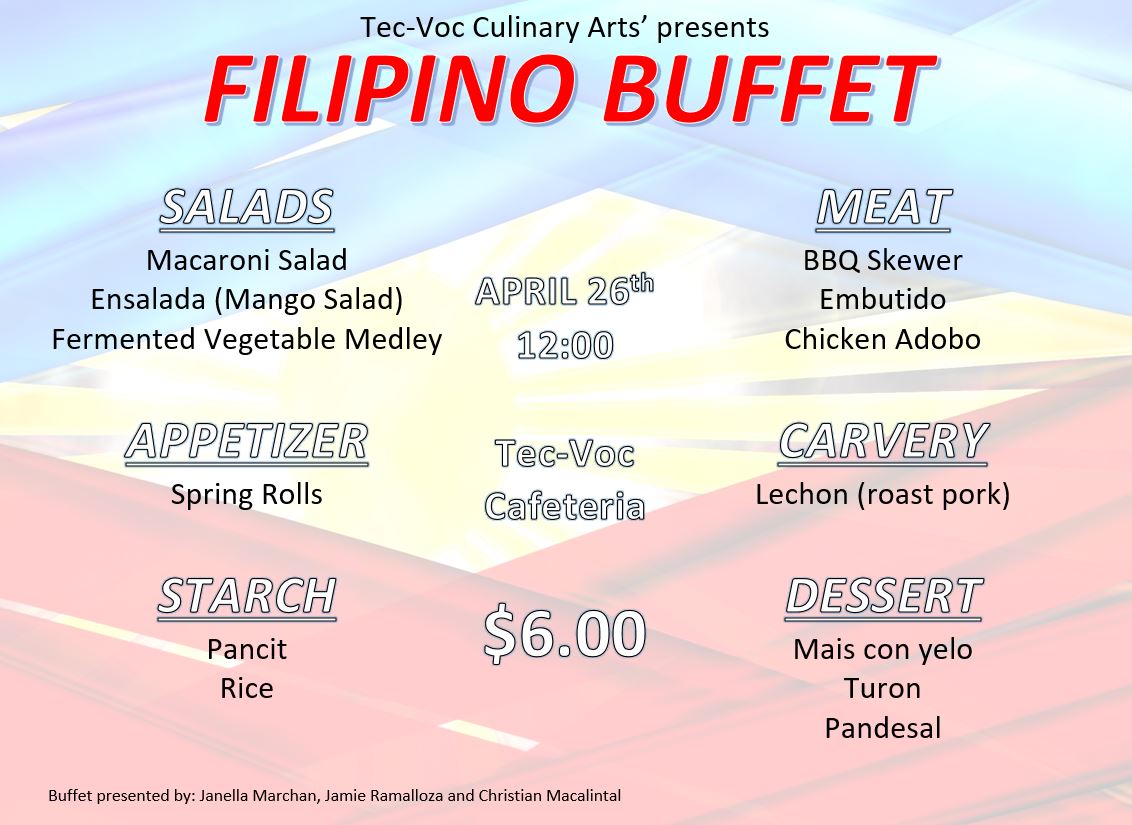 TecVocGrad's tweet photo. Hali ka na, kain na tayo!  Masarap!  Filipino buffet tomorrow at Noon @tecvocwsd1!  $6.00  #tecvoc #brightsideoftec https://t.co/DPMQw6Trr7