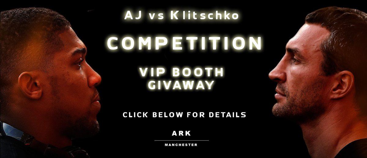ArkManc's tweet photo. Guess the outcome of the Joshua v Klitschko fight for a free VIP Booth!
RT and Follow the link to enter https://t.co/8LrTDoldb3 #boxing https://t.co/VBTz98D3Ep