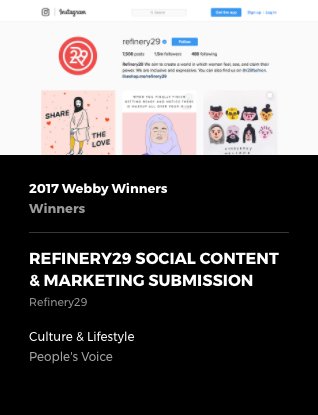 tfw <a href="/Refinery29/">Refinery29</a> wins the people's voice <a href="/TheWebbyAwards/">The Webby Awards</a> for social content &amp; marketing 😍🔥🏆