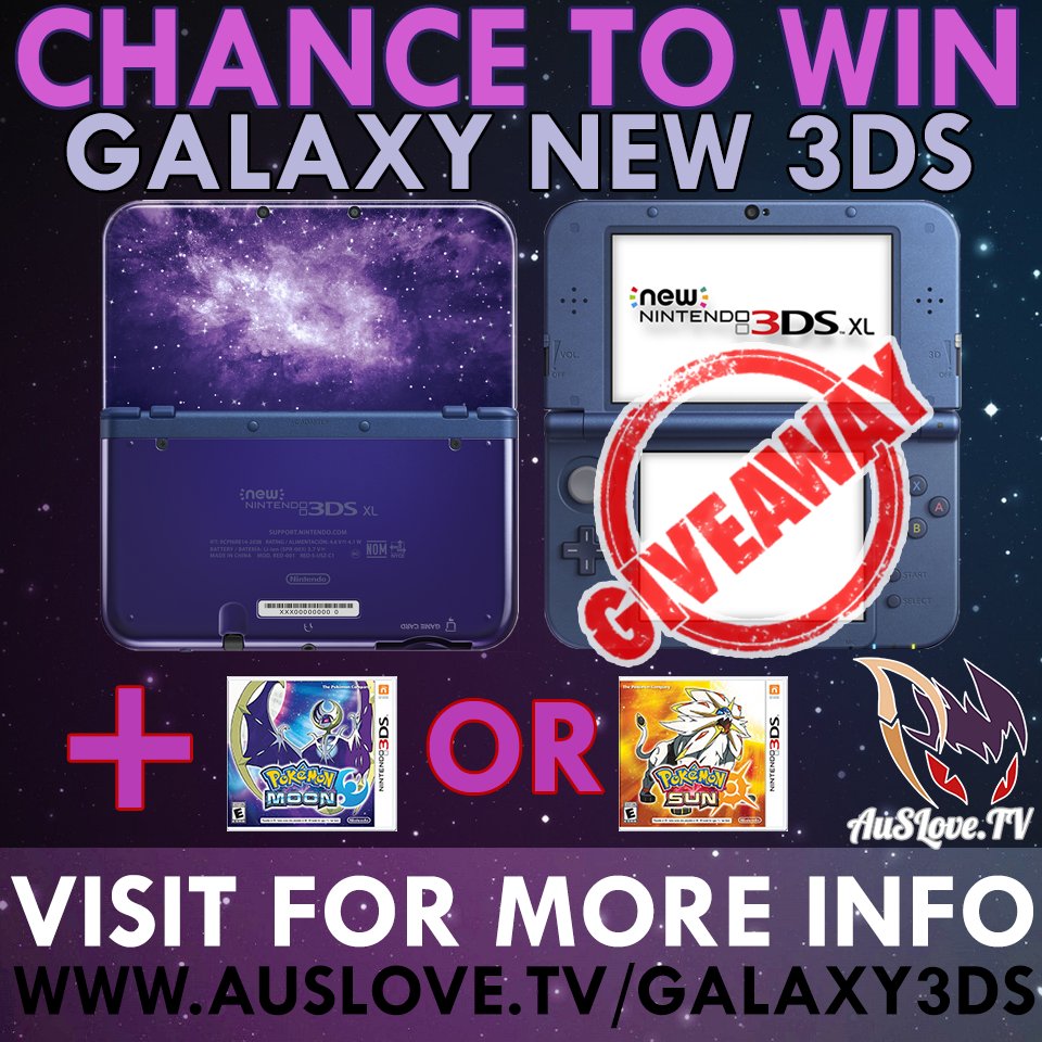 AuSLoveTwitch's tweet image. New Galaxy 3DS XL Giveaway !!
Join Here: auslove.tv/galaxy3ds/ or
Mobile: goo.gl/W0IK7C
Trade/Battle: twitch.tv/auslove