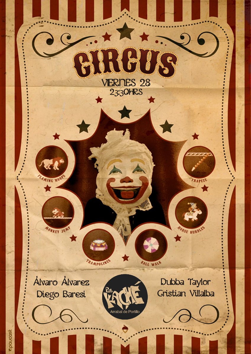 kache12's tweet photo. RT y gana una copa para...

¡CIRCUS PARTY!

Este viernes 28 dsd las 23:30Hrs

@abrilon 
@DiegoBaresi 
@DubbaTr 
@CVillalba_dj https://t.co/7K7wUnTpPi