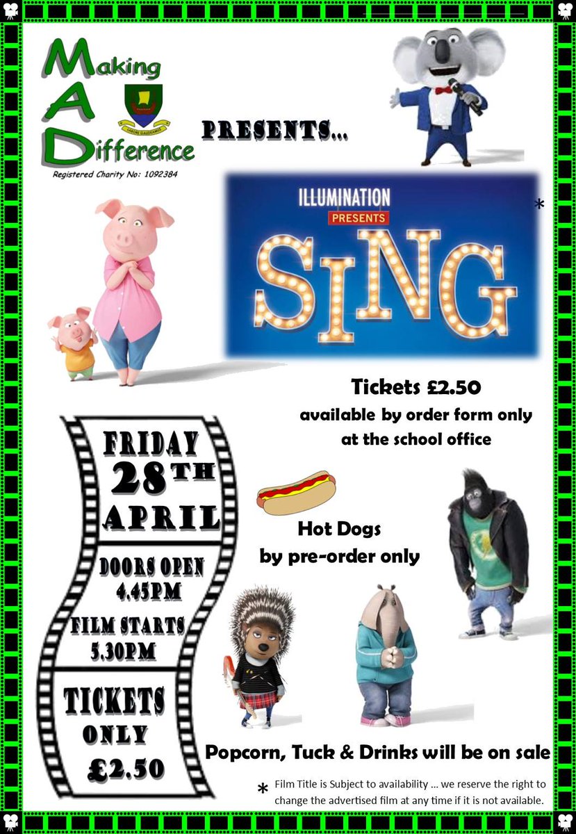 MADsps's tweet photo. Don't forget to get your tickets for Sing....... THIS FRIDAY 28th APRIL!! Hot Dogs are pre-order only. https://t.co/Z9Wix2Je1z