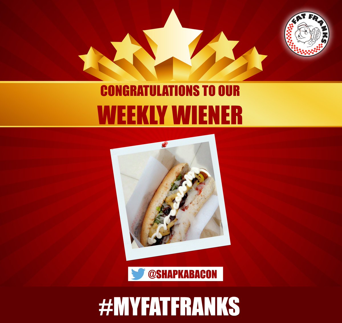 FatFranks_'s tweet photo. Congratulations to our Weekly Wiener: @ShapkaBacon. You can be a wiener too! #MyFatFranks #FunInABun https://t.co/YbNCrES3cX