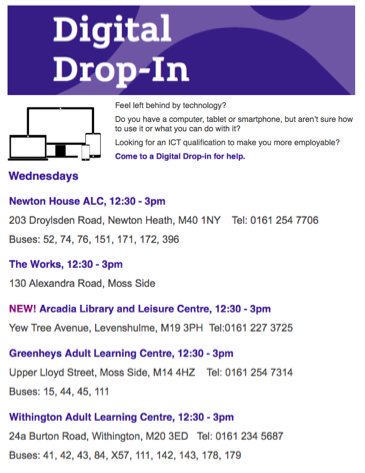 ManAdultEd's tweet photo. Need help using computers? #DigitalDropins every Wednesday in #NewtonHeath, #MossSide, #Levenshulme & #Withington: https://t.co/u7RNuXeWZY https://t.co/6zcaEI80dj