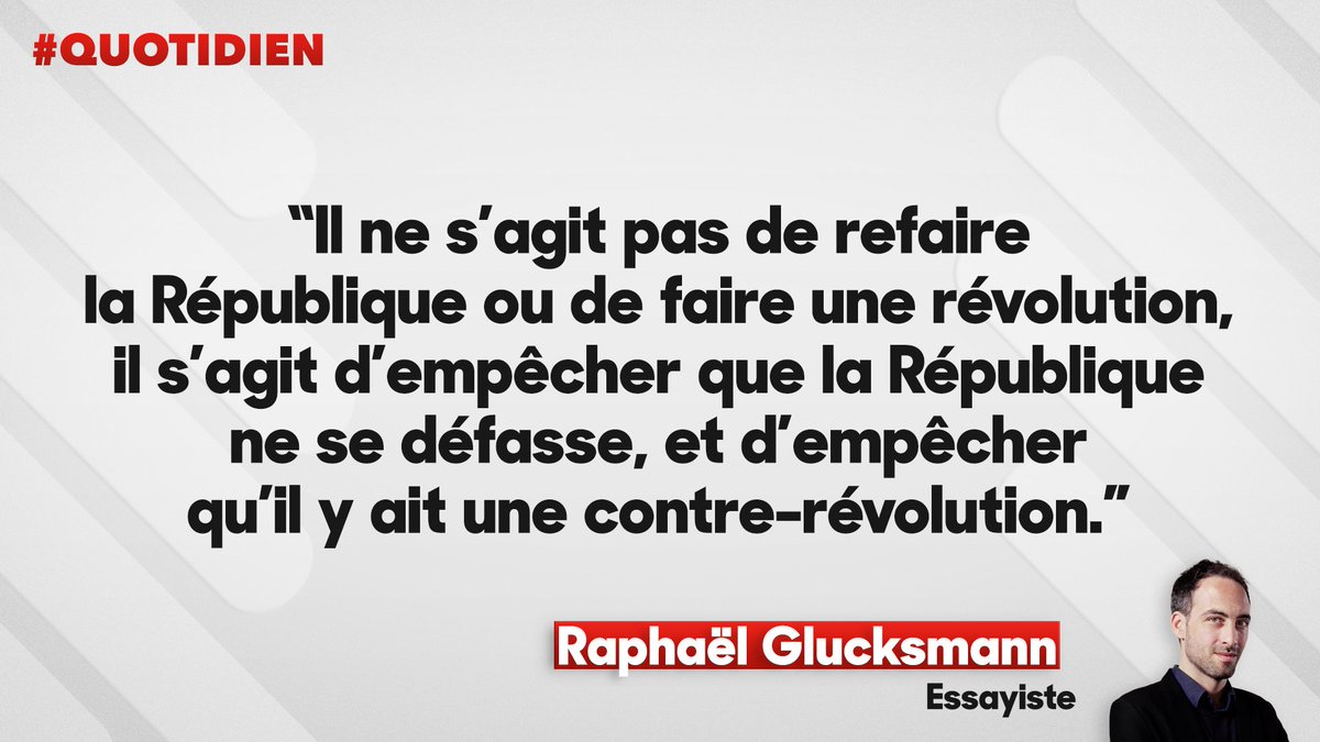 Qofficiel's tweet photo. Macron n'était pas son candidat, mais Raphaël Glucksmann votera pour lui au 2nd tour. Paraphrasant Camus, il explique son choix. #Quotidien https://t.co/YTIZHNxkhc
