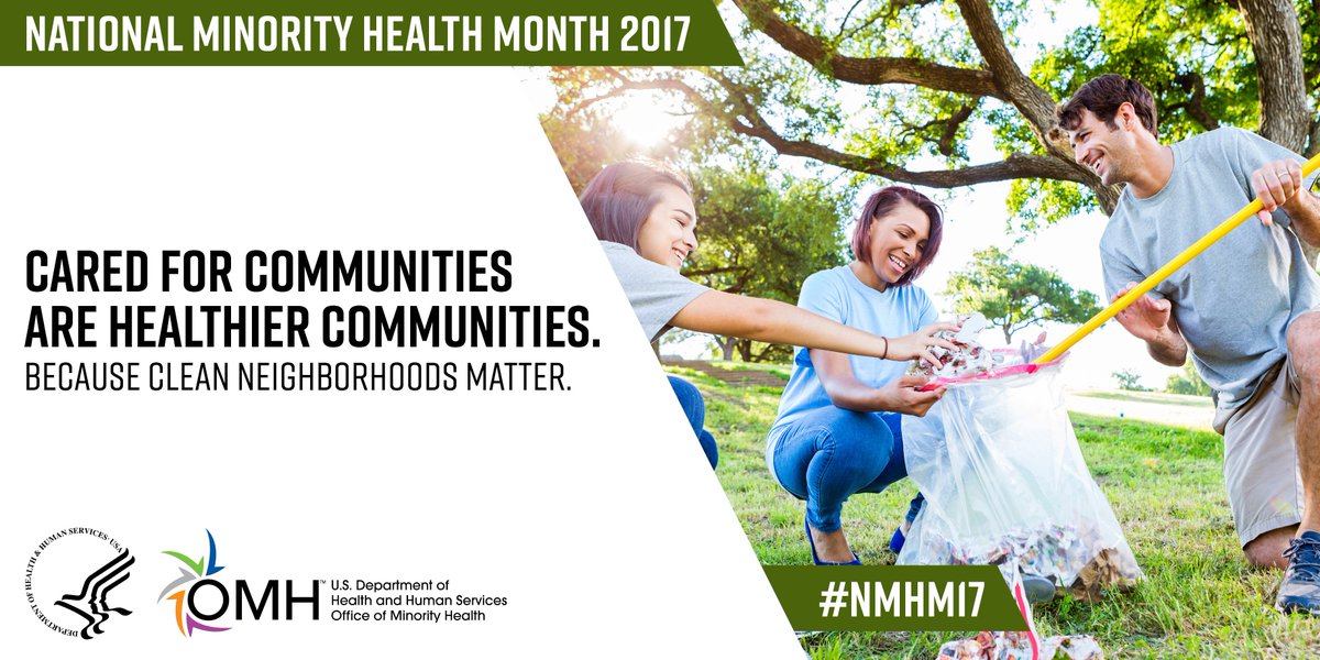 MinorityHealth's tweet photo. A1: Clean and safe surroundings help put communities on the path to health equity. https://t.co/1lR8jqhofT #SDOH #NMHM17 #HealthEquityChat https://t.co/r4ZakEOq5a