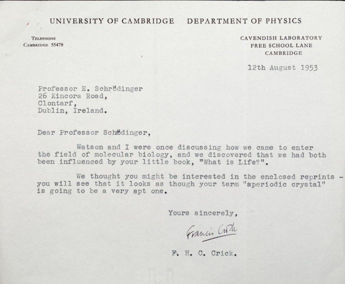 bgreene's tweet photo. Cool historical correspondence for #DNADay17: Crick credits physicist Erwin Schrödinger for his and Watson's interest in molecular biology. https://t.co/CwnRY9iKZb
