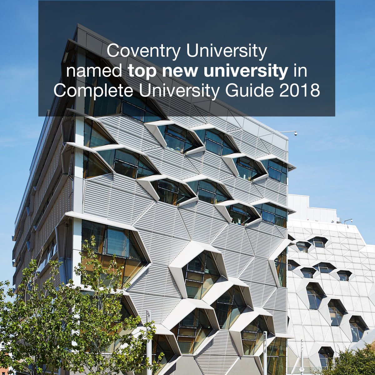 covcampus's tweet photo. We are proud to announce that we have regained the Top New University spot in the Complete University Guide 2018 https://t.co/AOpAjjUmLb https://t.co/c49gIjuIBn