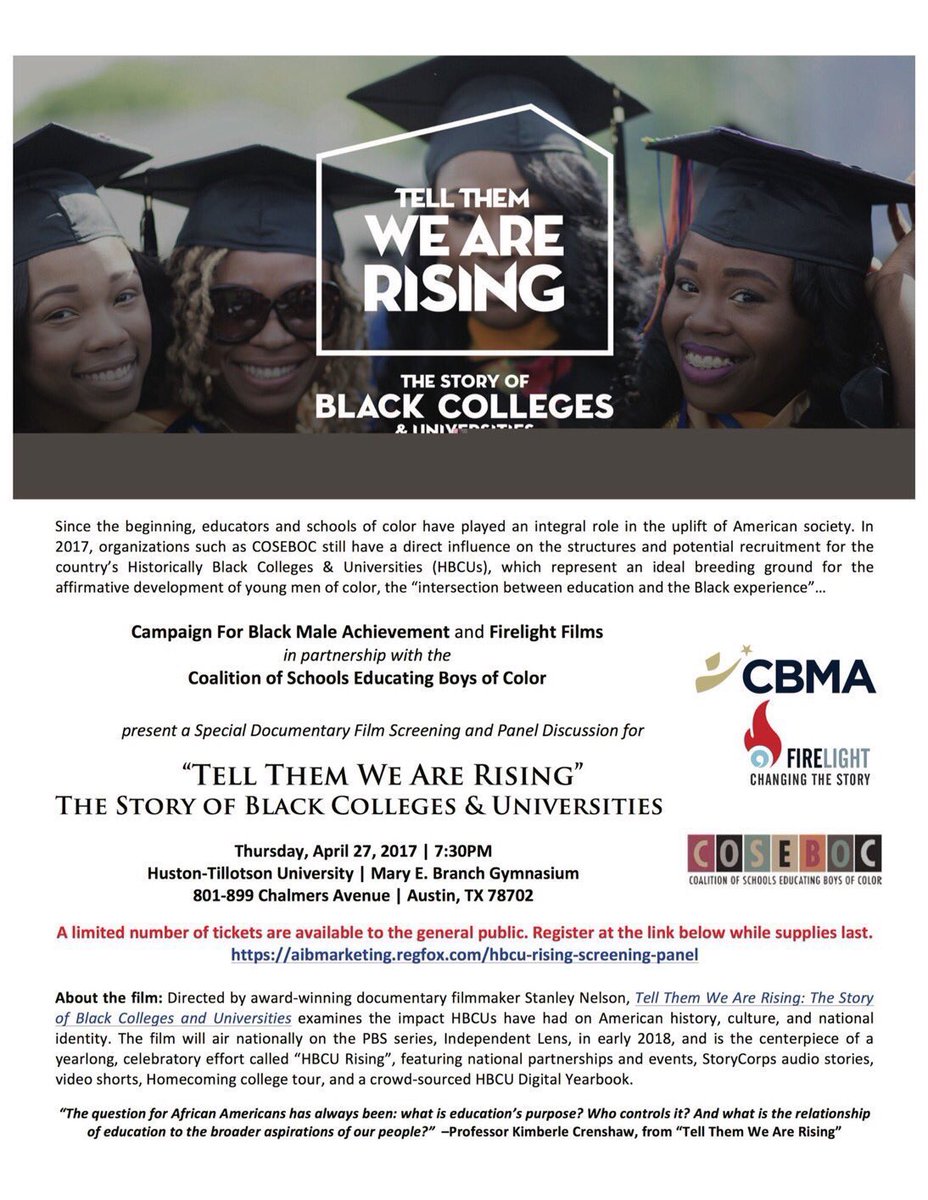COSEBOC's tweet photo. Join us for special screening of #HBCURising @HustonTillotson. Thursday, 4/27 in Austin. @BMAchievement @SteveVassor @AustinISD_OID https://t.co/o1fqpTBtwM