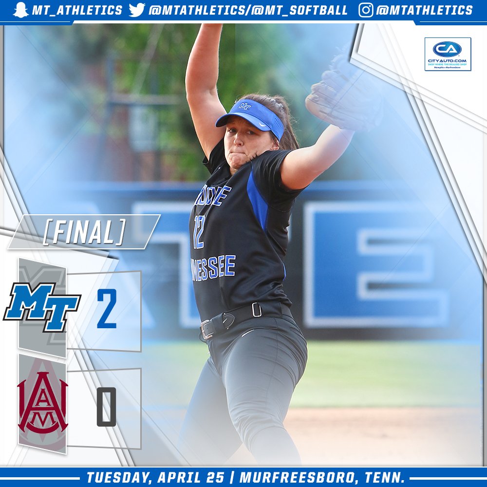 MT_Softball's tweet photo. FINAL: MT 2, AAMU 0.
Raiders win it behind @gretch5greer's career-best 13 K's, the most in a single game for MT since 2010! https://t.co/WgbrCoz78L