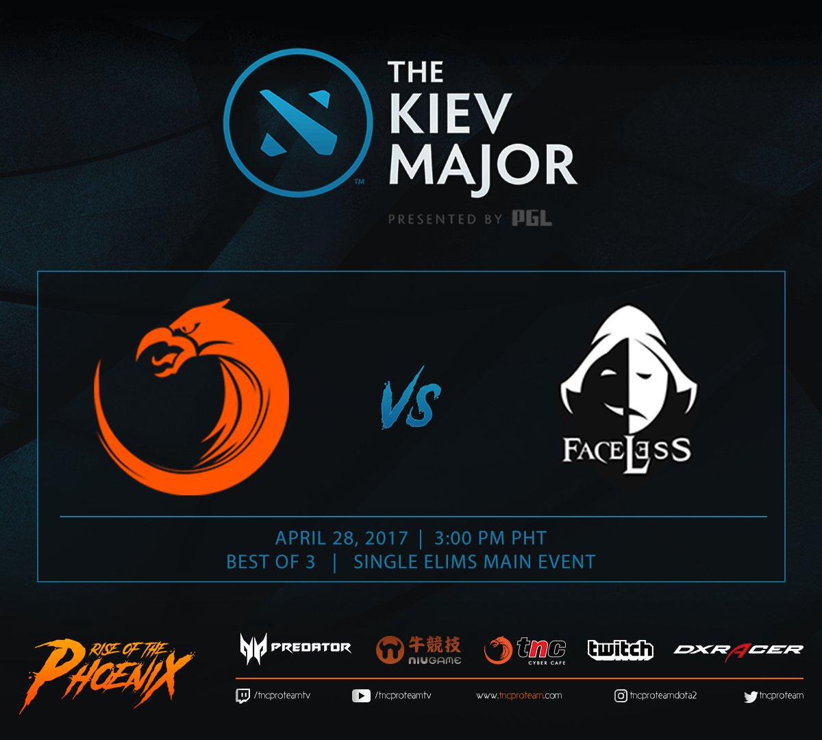 The moment of truth. We will be facing Team Faceless in the 1st round of the Kiev Major Main Event. #RiseofthePhoenix #TNCDota2