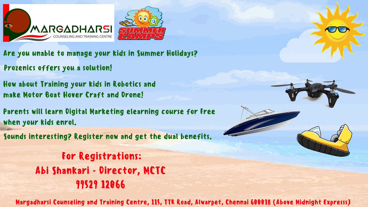 margadharsi's tweet photo. Are you unable to manage your kids in Summer Holidays? Call us on 99529 12066 for some adventerous summer fun! #summer #summercamp #Chennai https://t.co/EG8KmccPp9