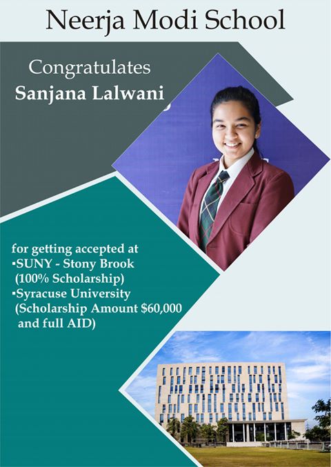 Sanjana Lalwani for getting accepted at State University of New York
#neerjamodischool