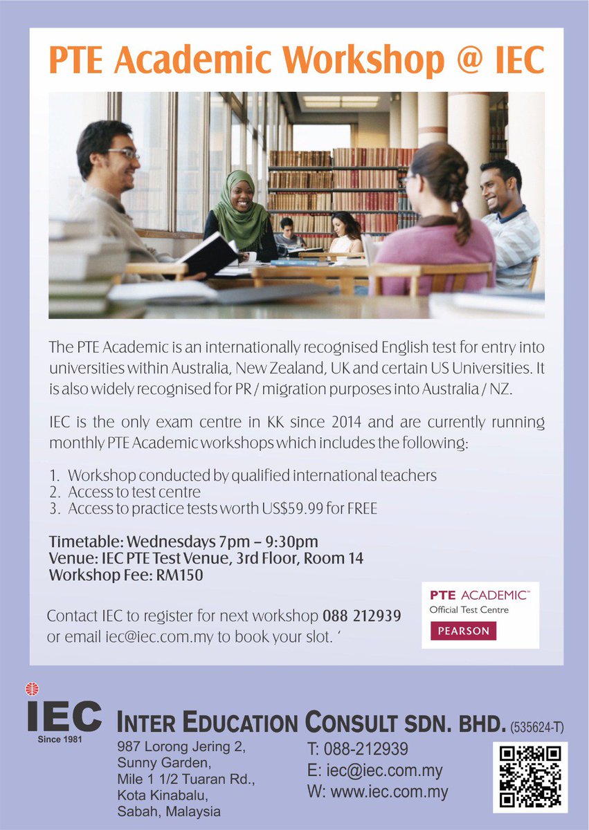 Register for our PTE workshop happening tonight! 7-930pm @ RM150
Contact us for more info.  #iecsabah #pte  #english #kotakinabalu #kkcity
