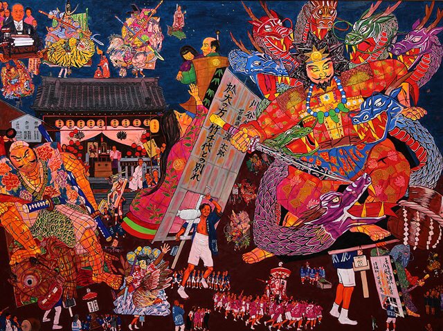 県の無形民俗文化財「万燈祭」を描いた斎藤吾朗氏の油絵《三河刈谷の万