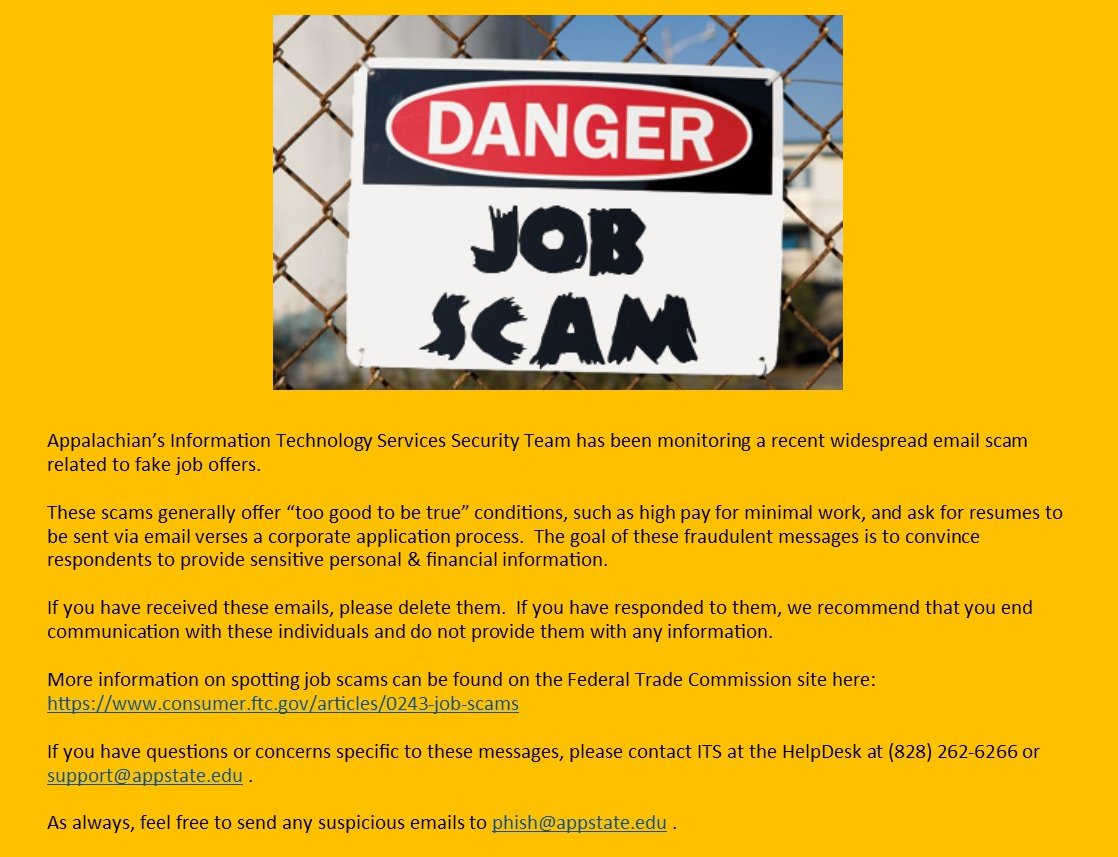 appinfosec's tweet image. AppState ITS Security has been monitoring a recent email scam related to fake job offers.  If it seems too good to be true, it probably is!