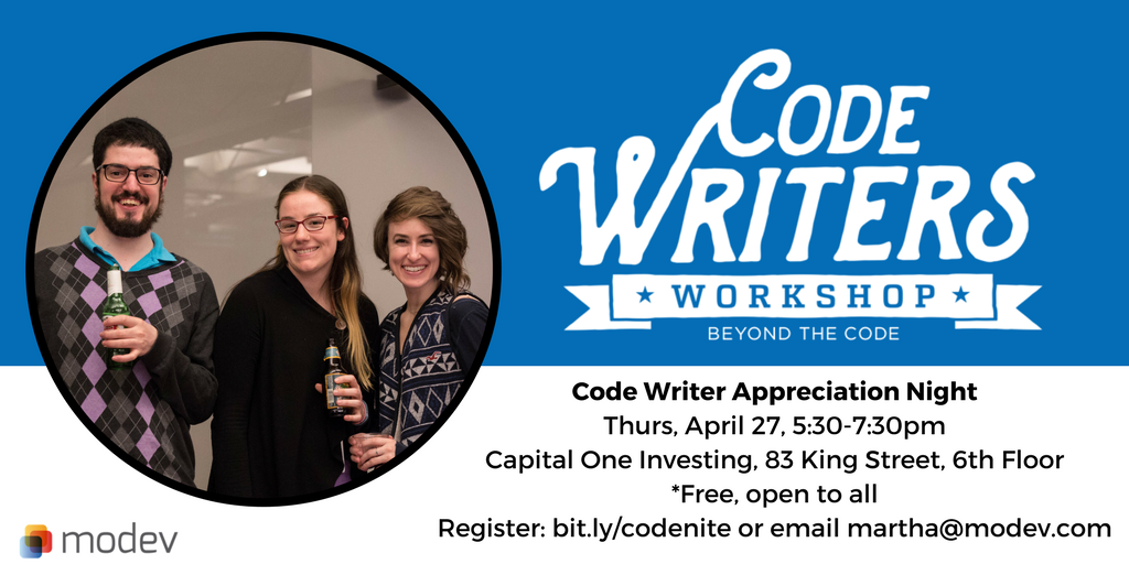 GoModev's tweet image. #CodeWriter Appreciation Night is this Thursday in #Seattle. Free and open to everyone. Learn more at bit.ly/2q942rm