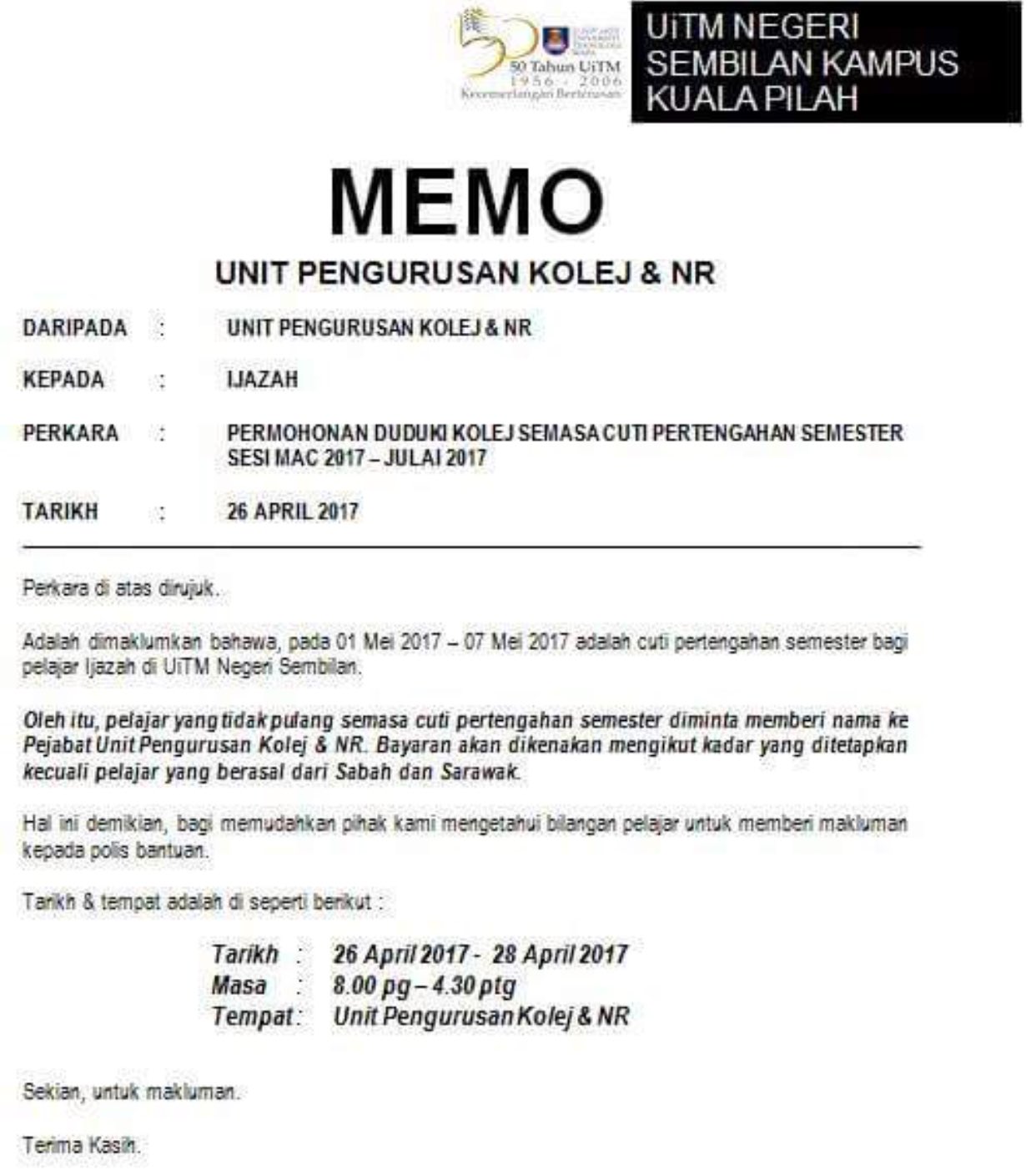 Surat Permohonan Cuti Kolej - Selangor s Surat Permohonan Cuti Kolej - Selangor s