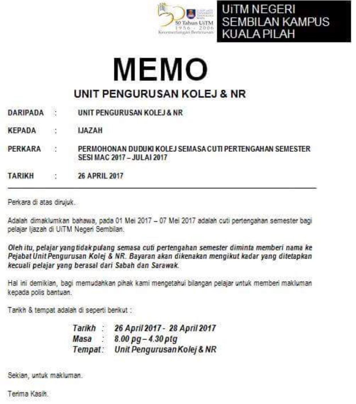 Surat Permohonan Cuti Kolej - Selangor s