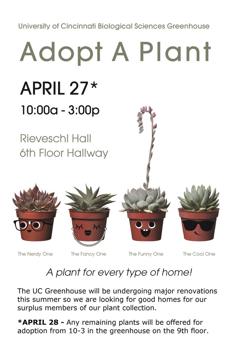BiologyUC's tweet photo. Don't forget - Plant Adoption event tomorrow 6th floor Rieveschl Hall! Come take home a plant for the summer! https://t.co/lbVbItbi7l