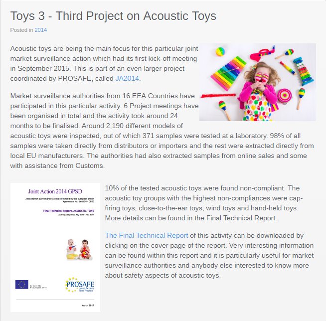 PROSAFE_ORG's tweet photo. 10% of the tested acoustic toys were found non-compliant. See the Final Technical Report for more details: https://t.co/PJRqcsg5yO #JA2014 https://t.co/rCk31nJ3oI