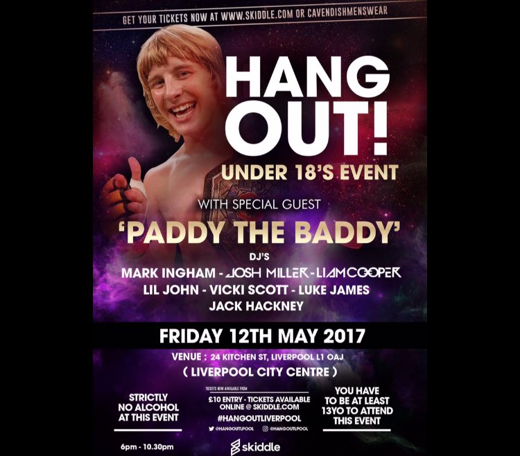 HangoutLpool's tweet photo. Paddy The Baddy is joining us for our next event on 12th May! New venue @24KitchenStreet 👌👌👌 https://t.co/xGNv755KFg
