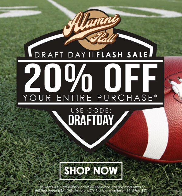 FLASH SALE! In store and online. Today ONLY. Use code DRAFTDAY at online checkout. Don't miss this!