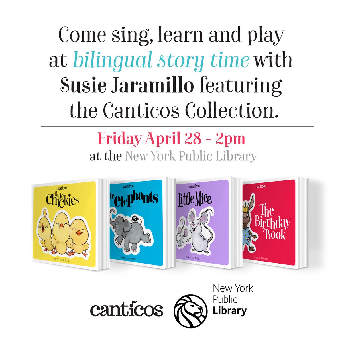 🎶 Canticos 🐘🐥🐣🐥🐰 (@canticosworld) on Twitter photo Join us as <a href="/sujaramillo/">Susie Jaramillo</a> hosts our very first Canticos #bilingual story-time at <a href="/nypl/">NY Public Library</a> with book #giveaways activities + more! #bilingualkids Join us as <a href="/sujaramillo/">Susie Jaramillo</a> hosts our very first Canticos #bilingual story-time at <a href="/nypl/">NY Public Library</a> with book #giveaways activities + more! #bilingualkids