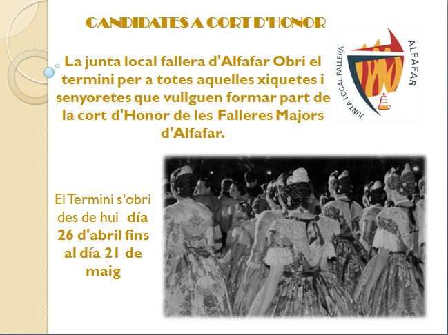 JntaLcalAlfafar's tweet image. Des de hui dia 26 de Abril fins al 21 de Maig obrim el termini para presentar-se a la Cort D'honor! !!!
