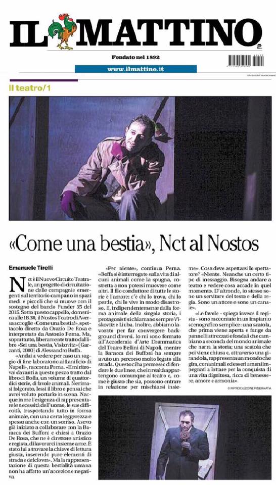 NCTcampania's tweet photo. Grazie a @emtirelli de @mattinodinapoli e vi aspettiamo con COME UNA BESTIA al @NostosTeatro - misura finanziata da @Funder35 e  @ConilSud https://t.co/MuOr9MY3RZ