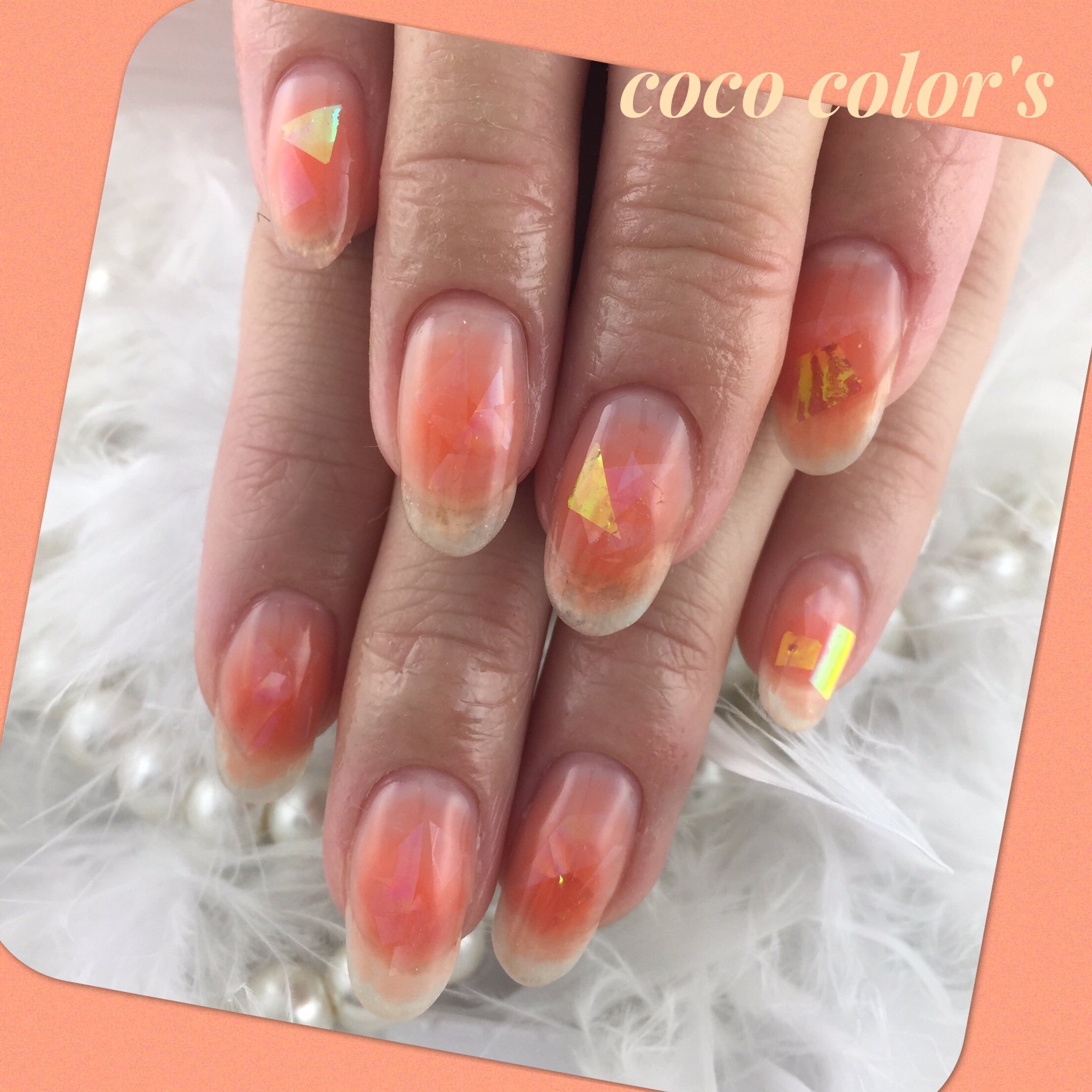 Color Sすずきあい Twitterissa お客様ネイル クリアベースにオレンジのチークネイル 乱切りホロもキラキラ T Co Pqxhiztgnl Twitter