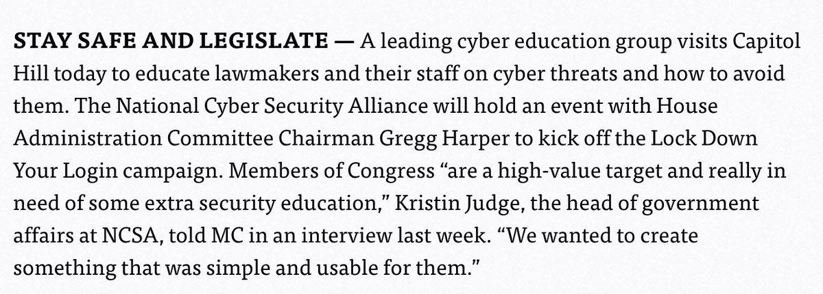 ericgeller's tweet image. Today @StaySafeOnline heads to Capitol Hill to teach lawmakers + their staff about cybersecurity. More from me here: politico.com/tipsheets/morn…
