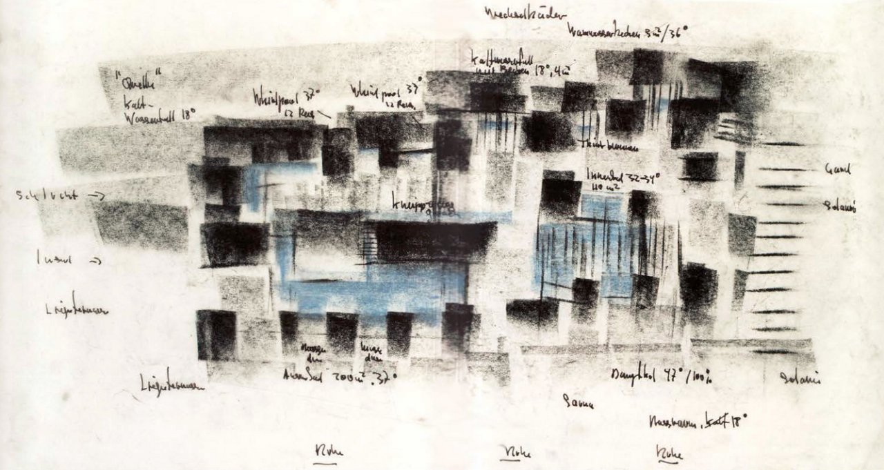 Happy birthday, Peter Zumthor! His plan sketches of the Therme Vals, Graubunden, Switzerland, 1996. 