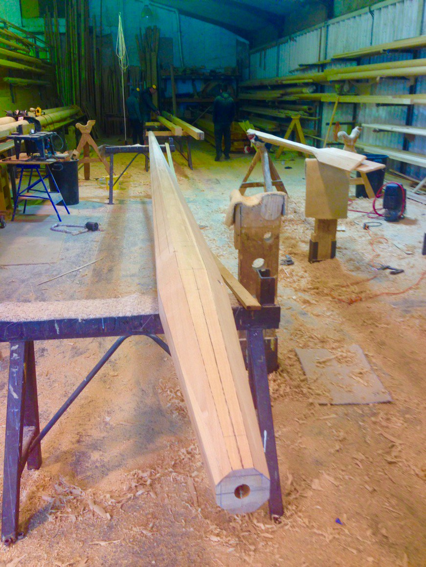 New mast for a junk rigged yacht working its way through. Extreme tapers and thin walls are all part of the design.