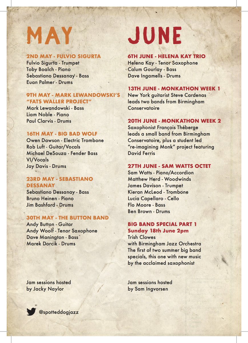 Spotted Dog Jazz (@spotteddogjazz) on Twitter photo Check out our line-up for the next couple of months! <a href="/BirmConsJazz/">Jazz Department</a> <a href="/SpotDogDigbeth/">Spotted Dog, Digbeth</a> <a href="/digbeth/">Digbeth We Are</a> <a href="/birminghamlive/">Birmingham Live!</a> <a href="/WhatsOnBrum/">Birmingham What's On</a> <a href="/WireBirmingham/">BirminghamWire</a> Check out our line-up for the next couple of months! <a href="/BirmConsJazz/">Jazz Department</a> <a href="/SpotDogDigbeth/">Spotted Dog, Digbeth</a> <a href="/digbeth/">Digbeth We Are</a> <a href="/birminghamlive/">Birmingham Live!</a> <a href="/WhatsOnBrum/">Birmingham What's On</a> <a href="/WireBirmingham/">BirminghamWire</a>