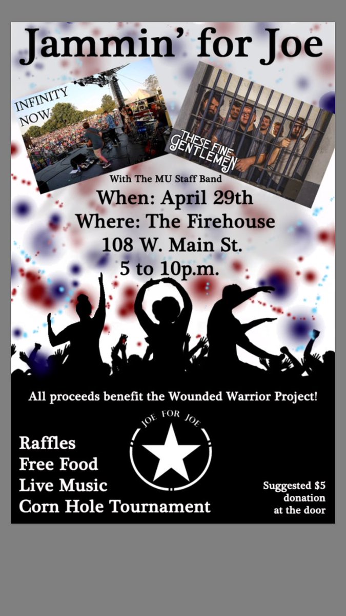 Joe_4_Joe's tweet image. Jammin' for Joe is this Saturday music starts at 6 with the Mu Staff band followed by These Fine Gentleman at 7 and Infinity Now at 8:15